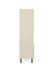 A side view of a modern nursery wardrobe in a cream finish, supported by dark brown tapered legs, shown against a plain white background.
