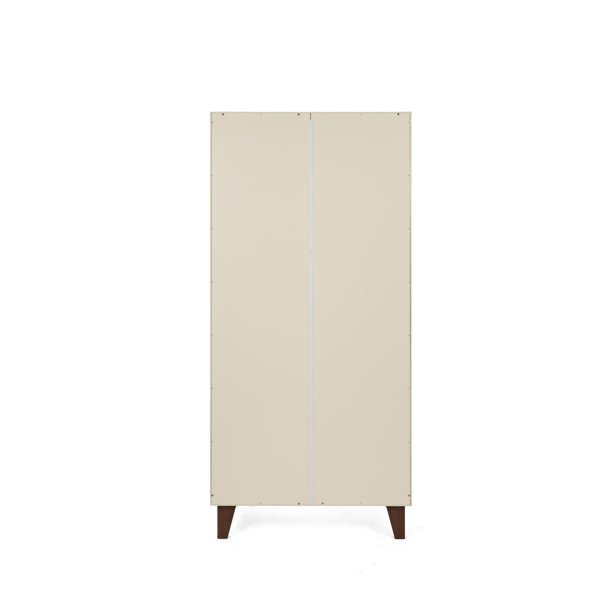 A back view of a modern nursery wardrobe in a cream finish, supported by dark brown tapered legs, shown against a plain white background.