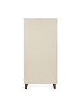 A back view of a modern nursery wardrobe in a cream finish, supported by dark brown tapered legs, shown against a plain white background.
