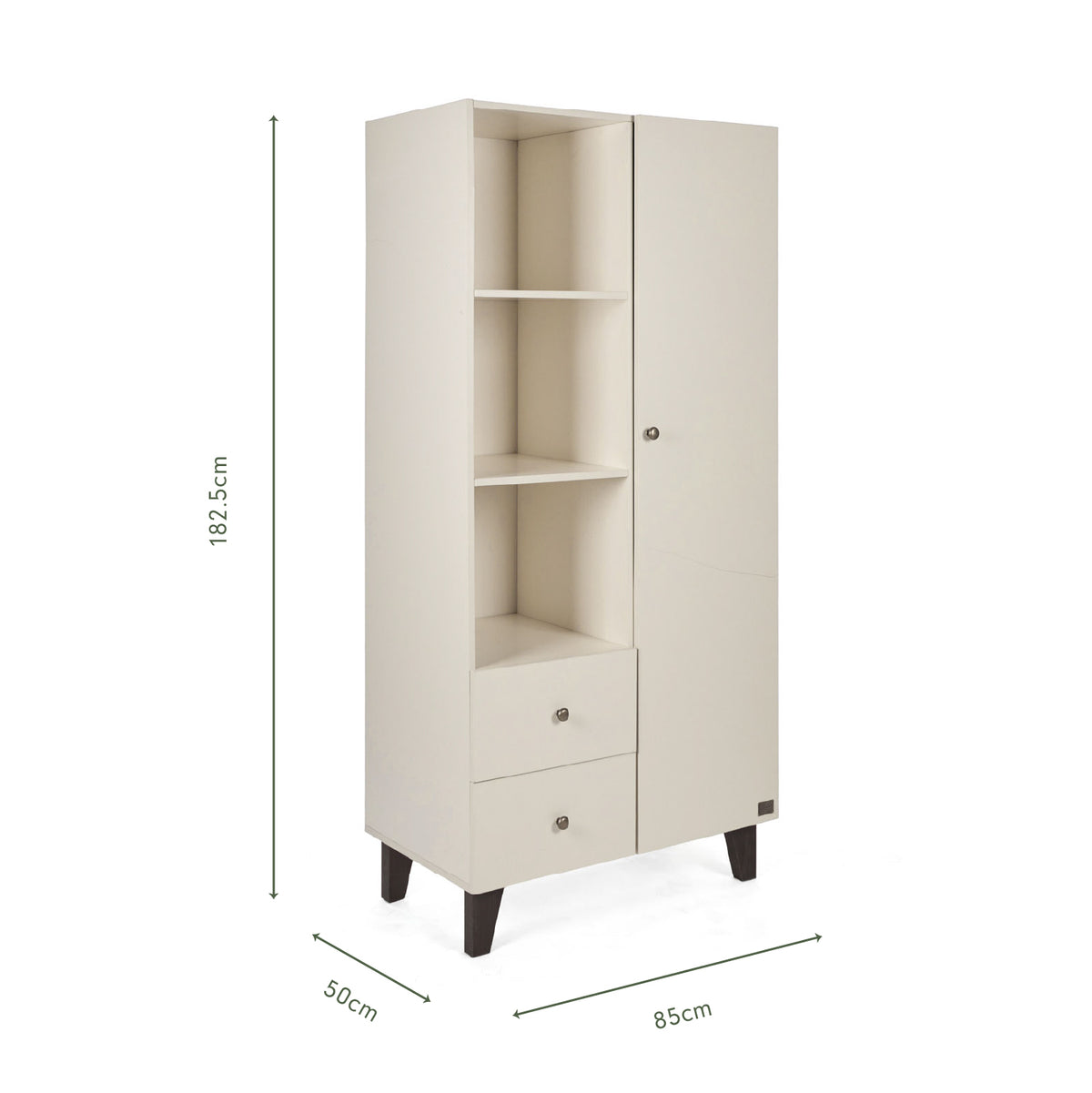 An infographic of a tall cream-colored nursery wardrobe with a left-side open shelving section, a right-side single door, two drawers, and dark tapered legs. 