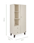 An infographic of a tall cream-colored nursery wardrobe with a left-side open shelving section, a right-side single door, two drawers, and dark tapered legs. 