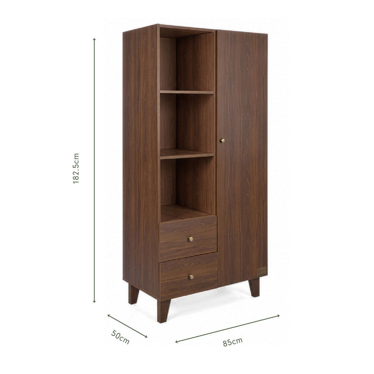 An infographic of a tall dark brown wooden nursery wardrobe with three open shelves, one closed door with a small round knob, two drawers, and tapered legs.