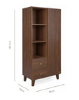 An infographic of a tall dark brown wooden nursery wardrobe with three open shelves, one closed door with a small round knob, two drawers, and tapered legs.