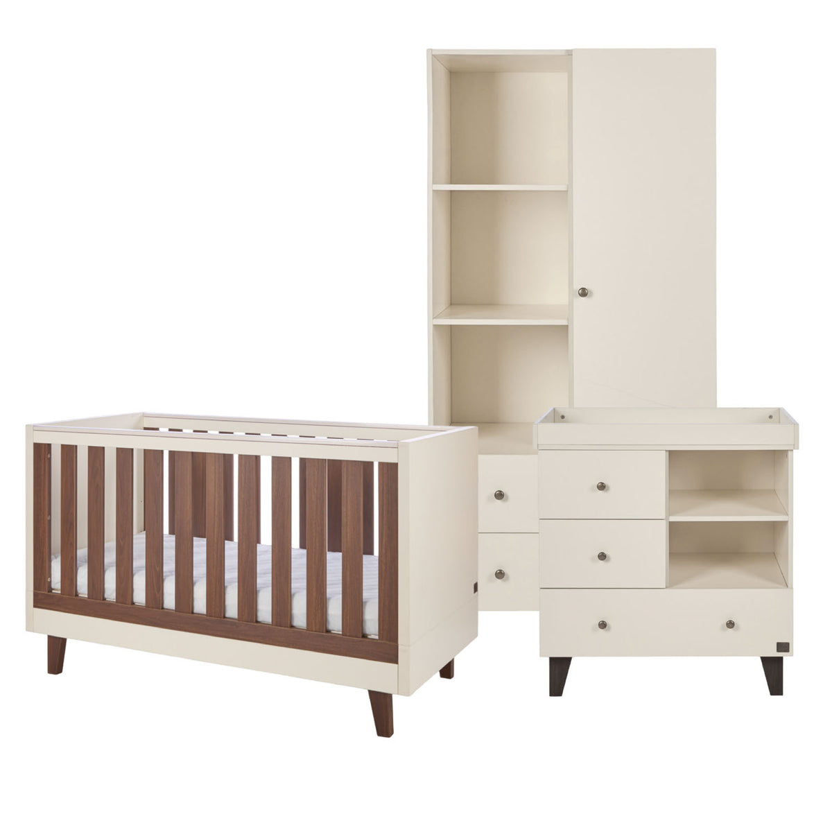 A 3-piece nursery furniture set featuring a convertible cot bed, a wardrobe, and a changing table, all in a cashmere cream finish with dark brown wood accents.