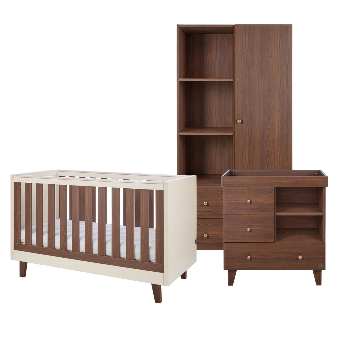 A 3-piece nursery furniture set featuring a convertible cot bed, a wardrobe, and a changing table, all in a dark brown wood finish.