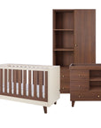 A 3-piece nursery furniture set featuring a convertible cot bed, a wardrobe, and a changing table, all in a dark brown wood finish.
