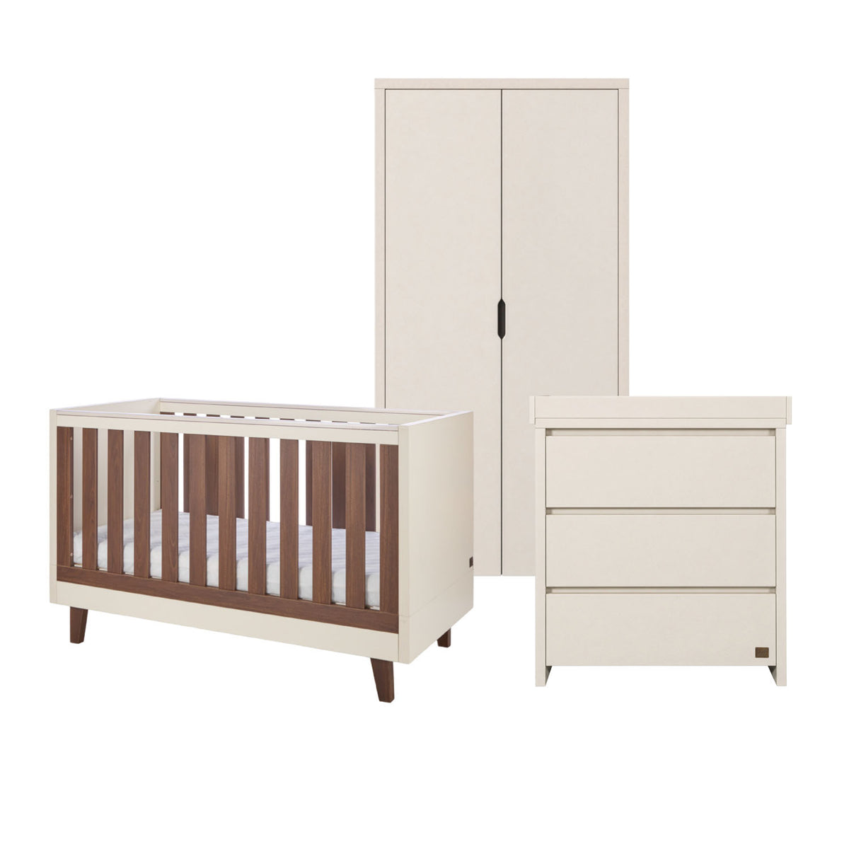 A three-piece nursery furniture set including a cot bed, a wardrobe, and a three-drawer changing table, shown on a solid white background.