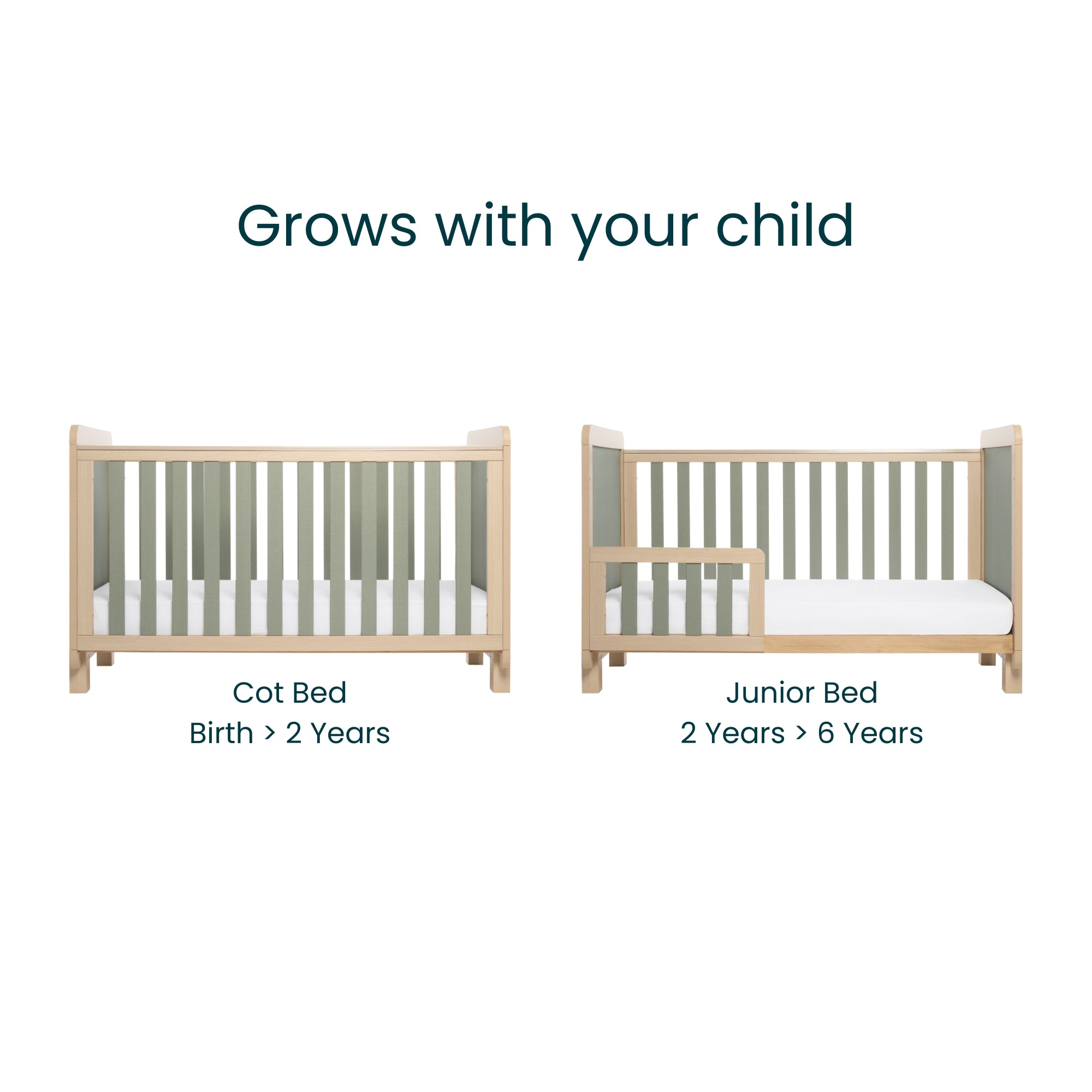 Side-by-side view of the Kuba cot bed in pickled oak and sage weave, showing conversion from cot bed to junior bed as child grows