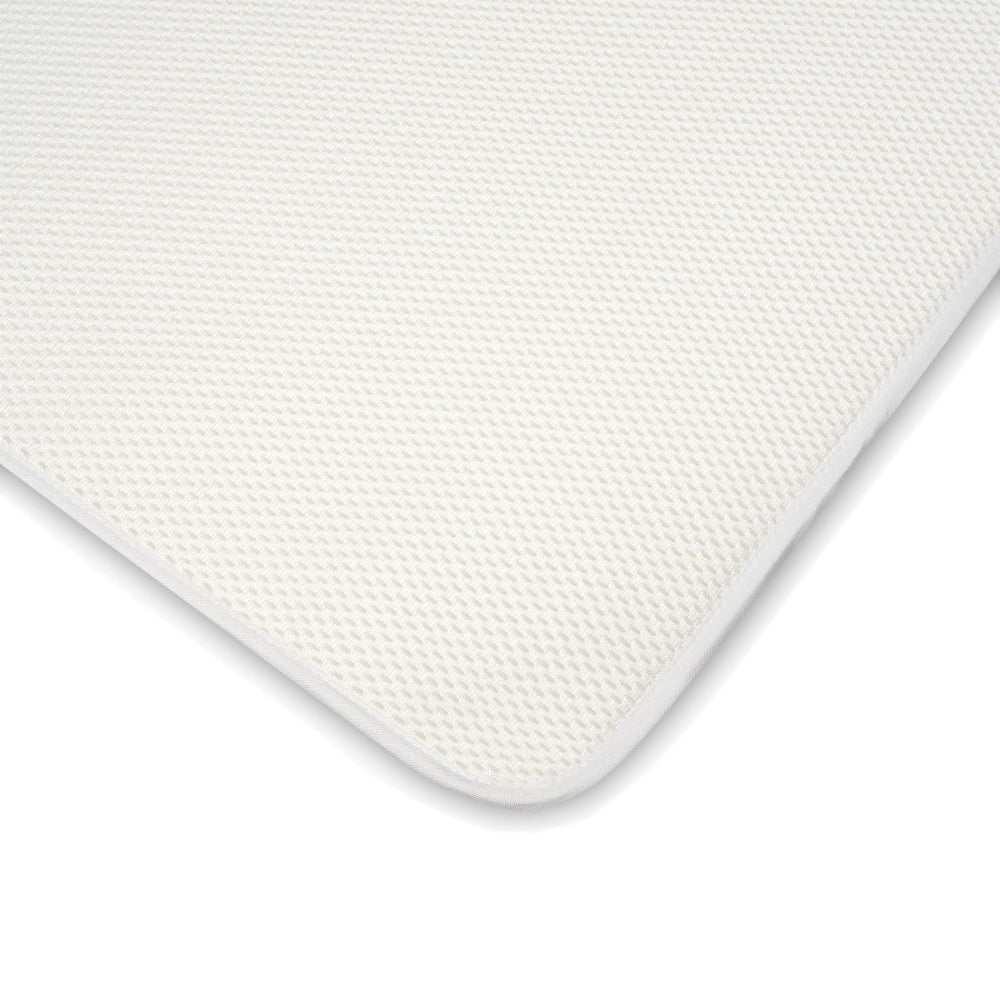 Close-up of breathable cot bed mattress protector with soft 3D mesh surface for improved ventilation and dry comfort