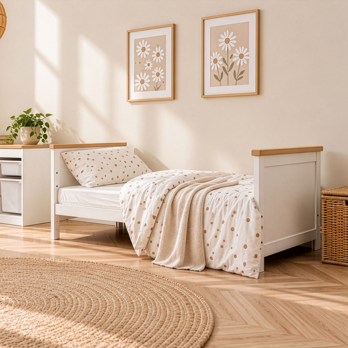 A single bed in a bright, sunlit nursery or children's bedroom. The bed frame is white with oak tops on the headboard and footboard, dressed in white bedding with small tan polka dots and a cream textured throw blanket.