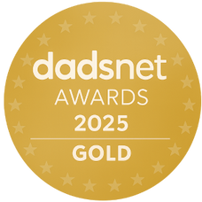Gold circular badge showing Dadsnet Awards 2025 Gold recognition for outstanding parenting product.