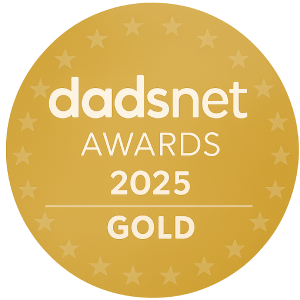 Gold circular badge showing Dadsnet Awards 2025 Gold recognition for outstanding parenting product.
