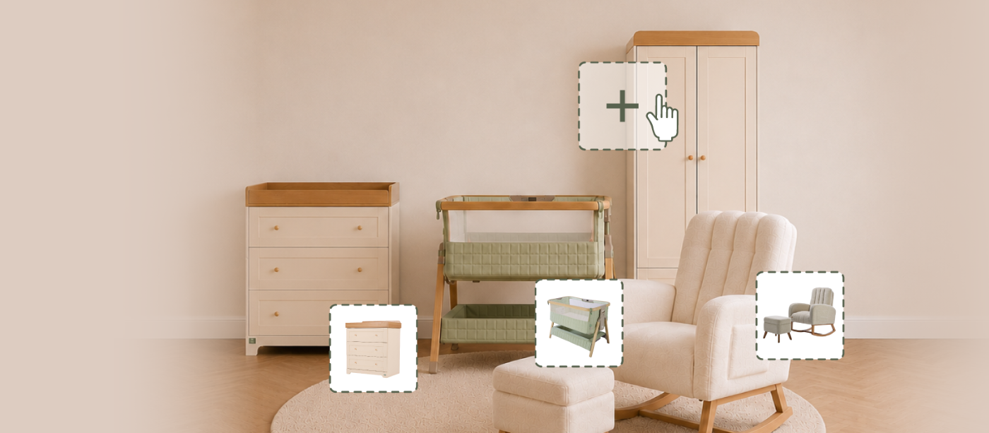 A styled nursery furniture scene with a cream upholstered rocking chair and ottoman on a round rug, a light wood-and-cream chest of drawers, a tall wardrobe, and a bedside crib. Several product cutouts with plus symbols are overlaid on the scene to showcase how to build your own nursery.
