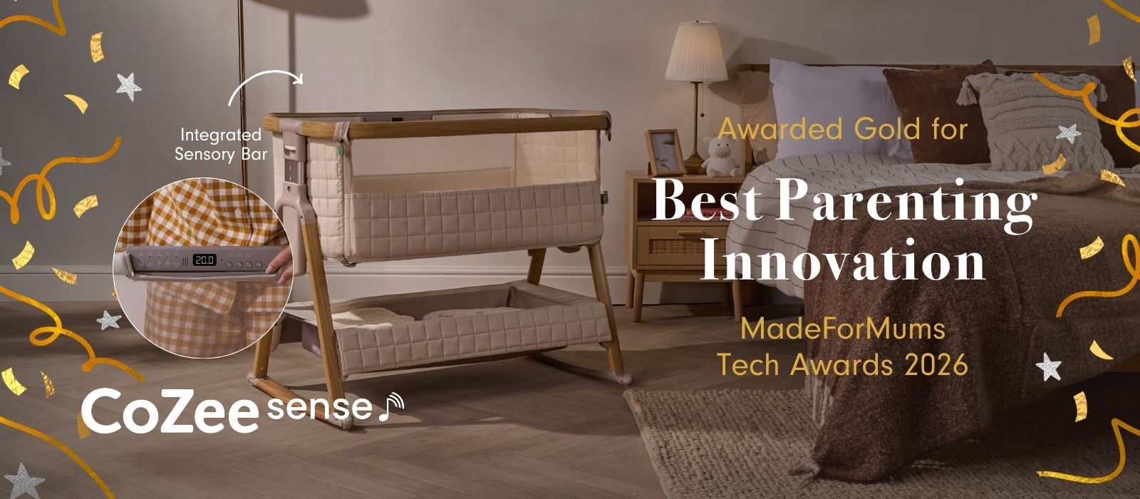 CoZee Sense next to me crib with a quilted beige fabric and light wood frame, shown in a styled nursery setting next to a bed. A circular award badge on the right reads 'Awarded Gold for Best Parenting Innovation MadeForMums Tech Awards 2026'.