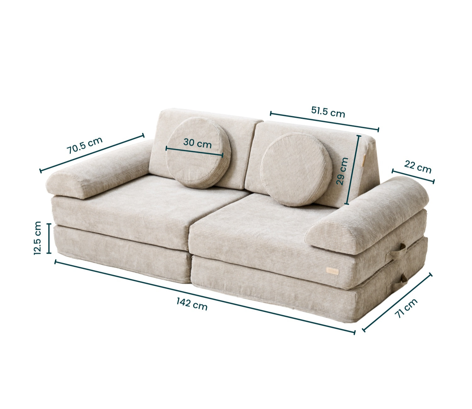 dimensions view of the playrama kids play sofa in mushroom