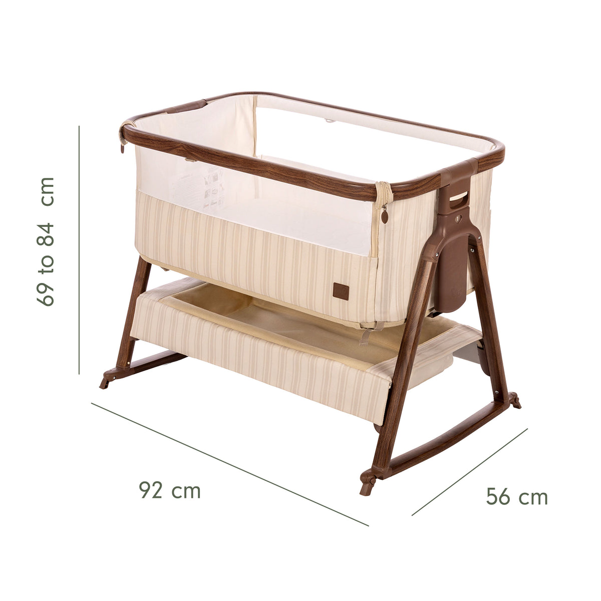 An infographic of a baby bedside crib with a brown frame and beige striped fabric, shown on a white background with dimension lines and text indicating height, width, and depth.