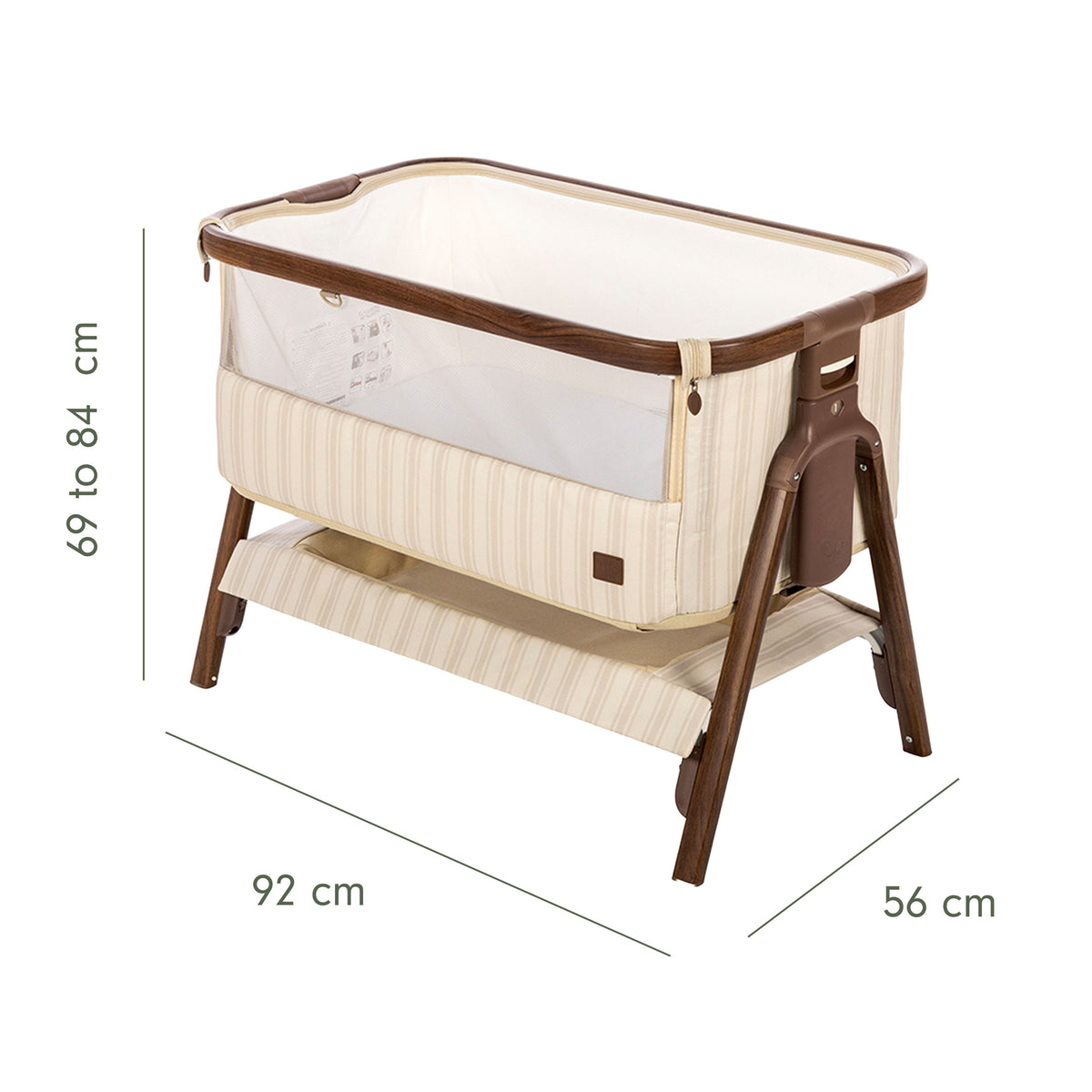 An infographic of a baby bedside crib with dimension markings showing 92 cm length, 56 cm width, and 69 to 84 cm height, on a plain white background.
