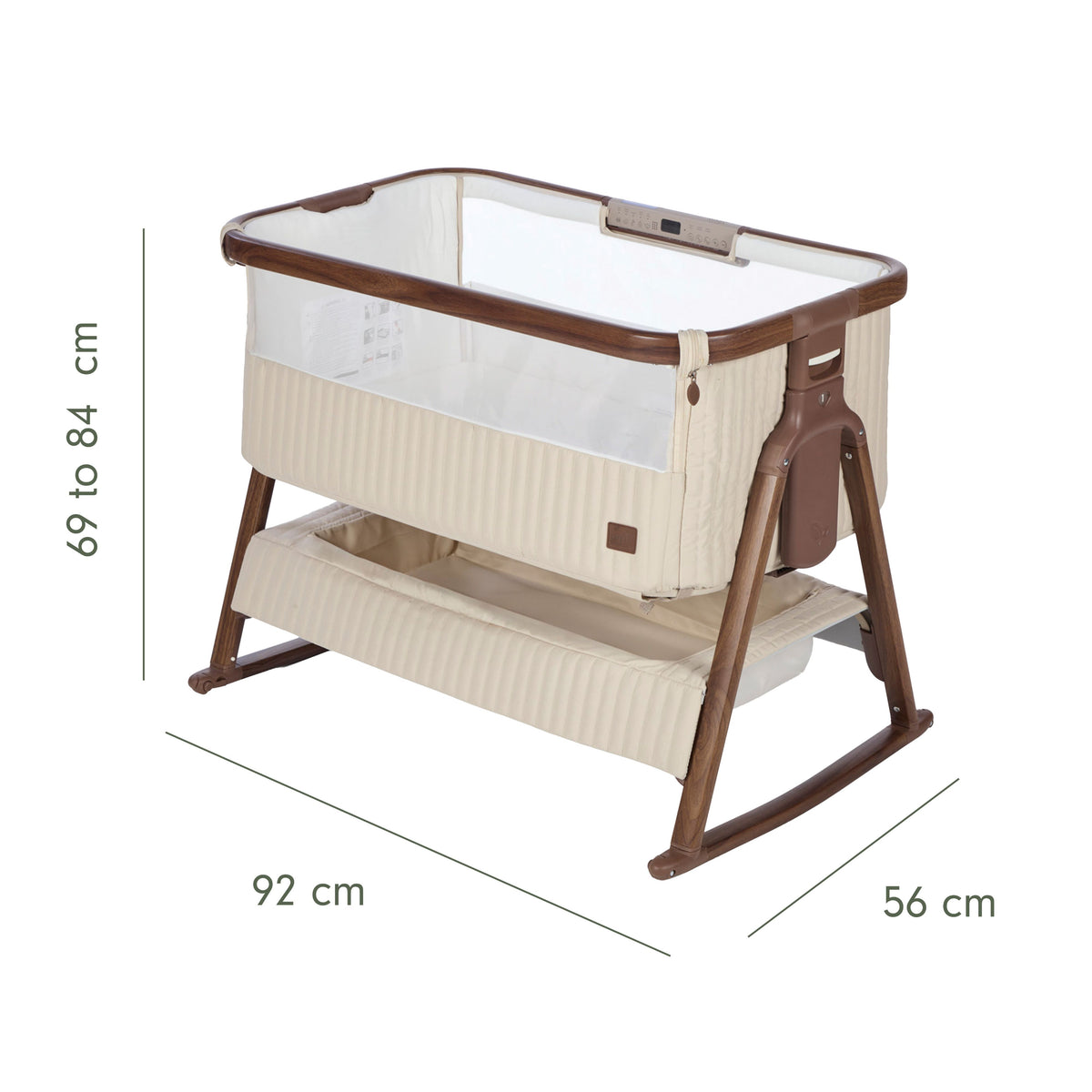 An infographic of a baby bedside crib with dimension markings showing 92 cm length, 56 cm width, and 69 to 84 cm height, on a plain white background.