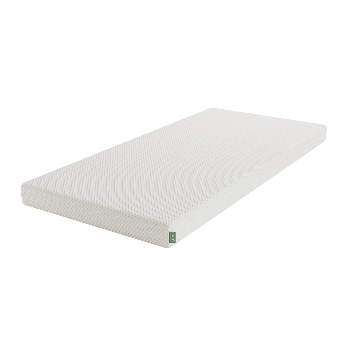 A white textured junior mattress layer shown at an angle on a solid white background, featuring a small green tag on the corner.