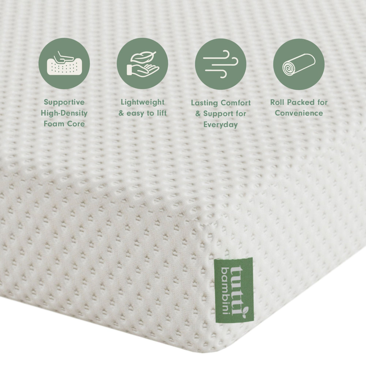 A close-up of a white textured mattress with four green circular feature icons across the top and a green 'bottom' brand tag near the corner. The text below the icons reads supportive high-density foam core, lightweight & easy to lift, lasting comfort & support for everyday, and roll packed for convenience.