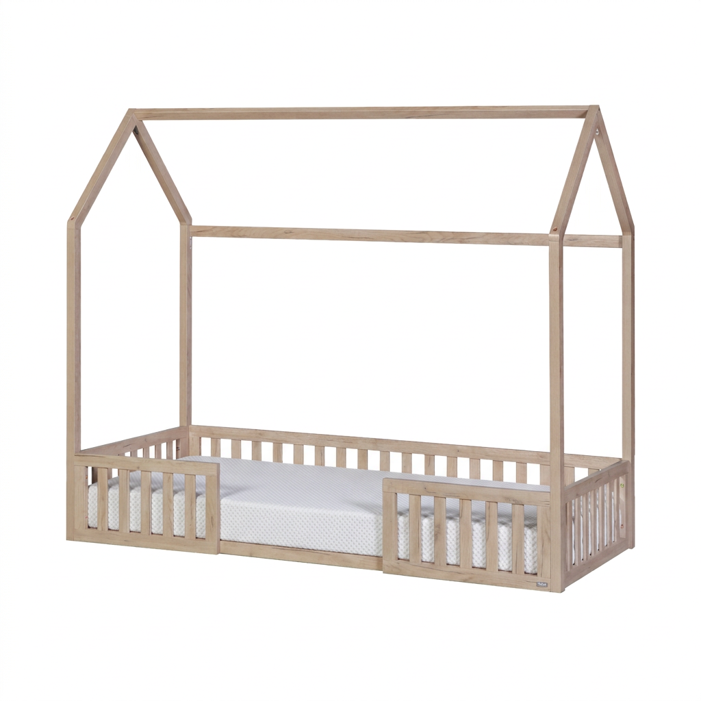 A natural light wood house-shaped toddler bed frame with a mattress inside, shown on a plain white background.