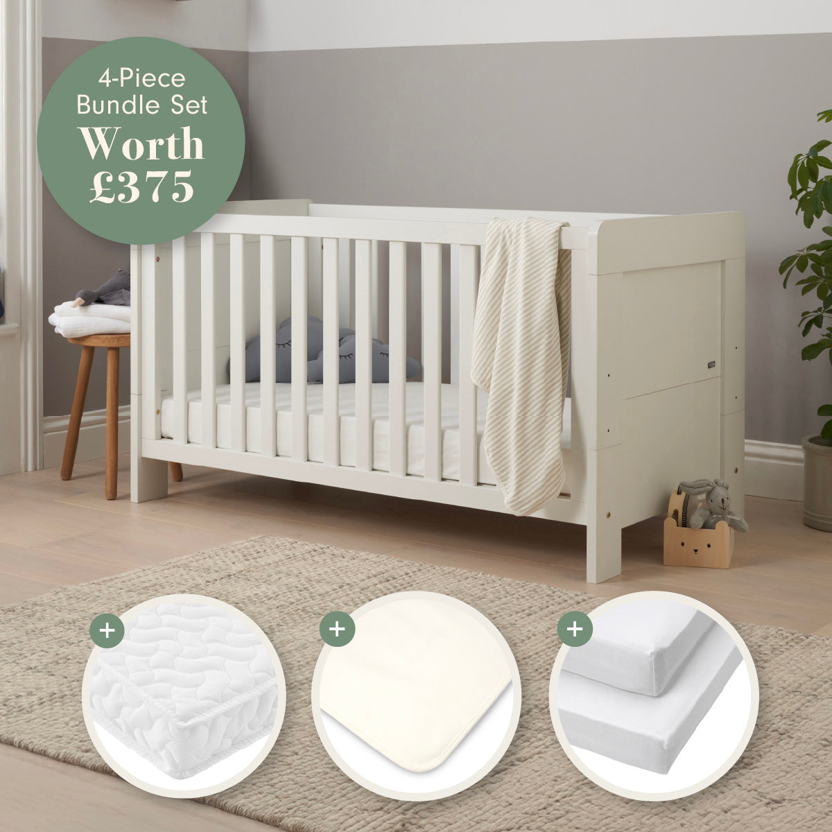 Essentials Alba Cot Bed, Mattress &amp; Bedding Bundle