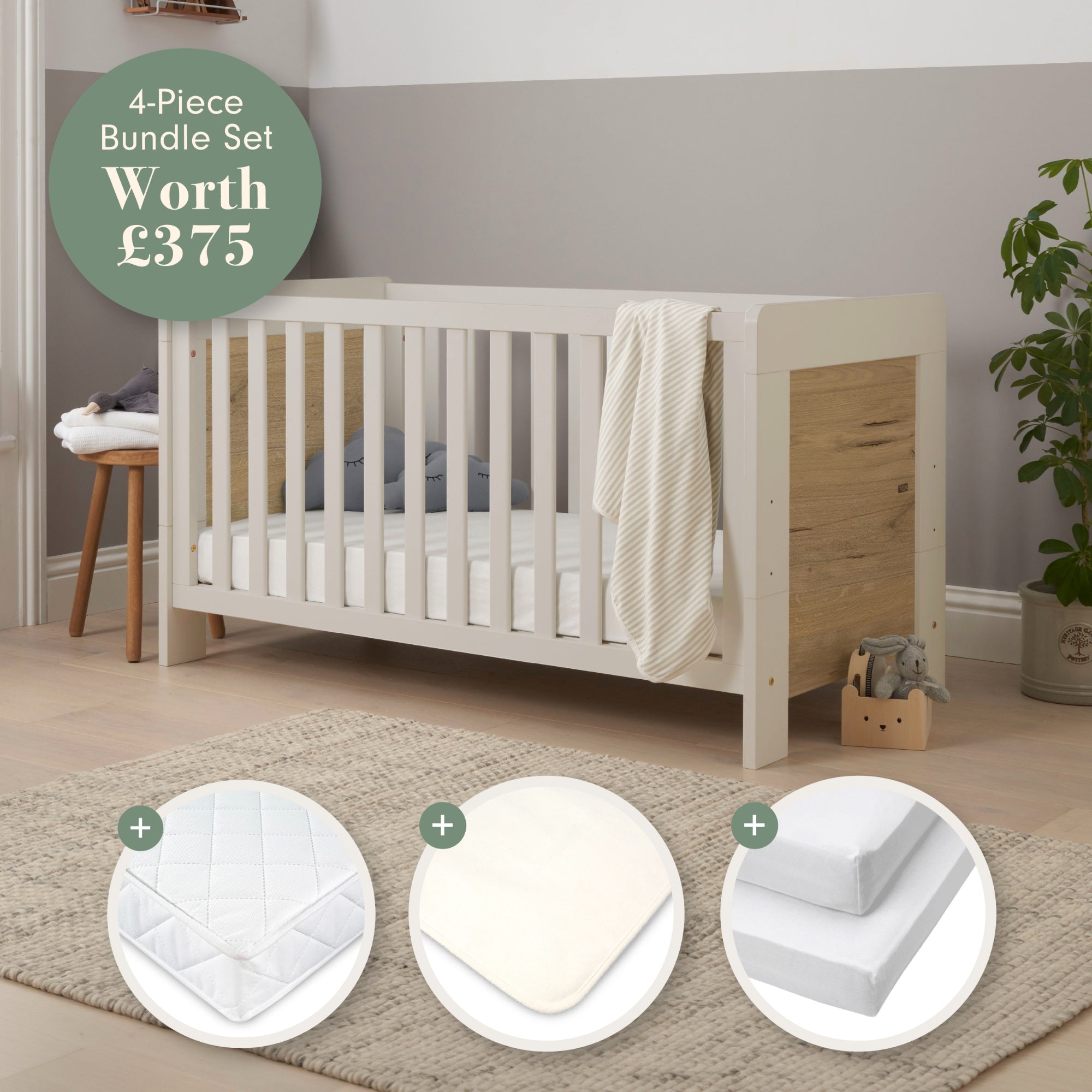 Essentials Alba Cot Bed, Mattress &amp; Bedding Bundle