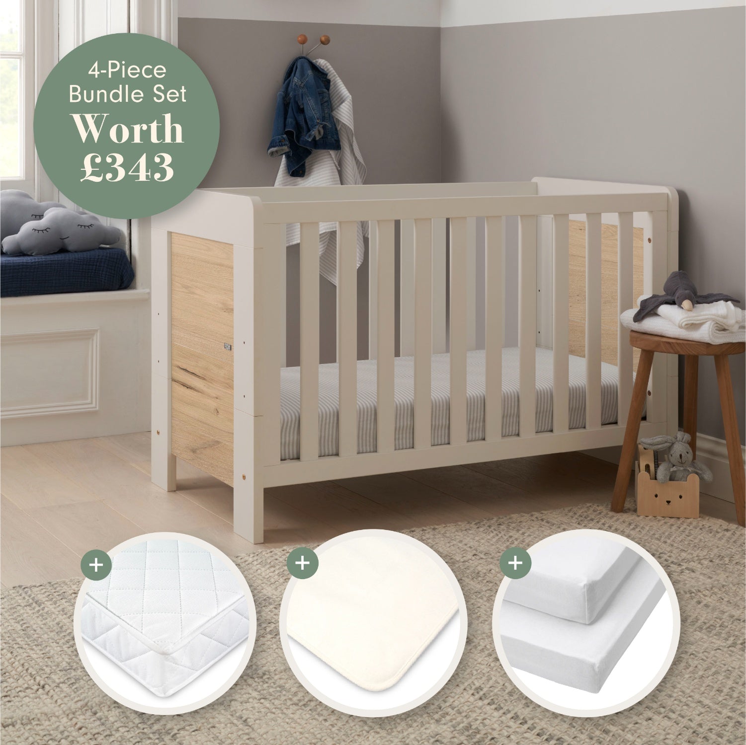 Essentials Alba Mini Cot Bed, Mattress &amp; Bedding Bundle