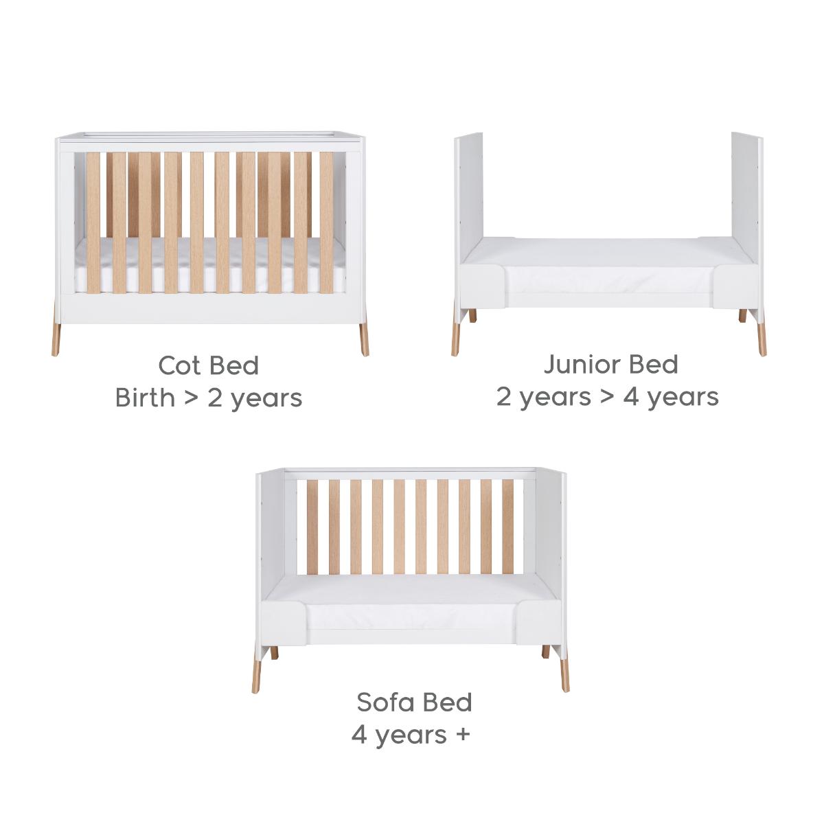 3 in 1 conversion view of the Fuori mini cot bed in white and light oak, showing cot bed, junior bed and sofa bed modes