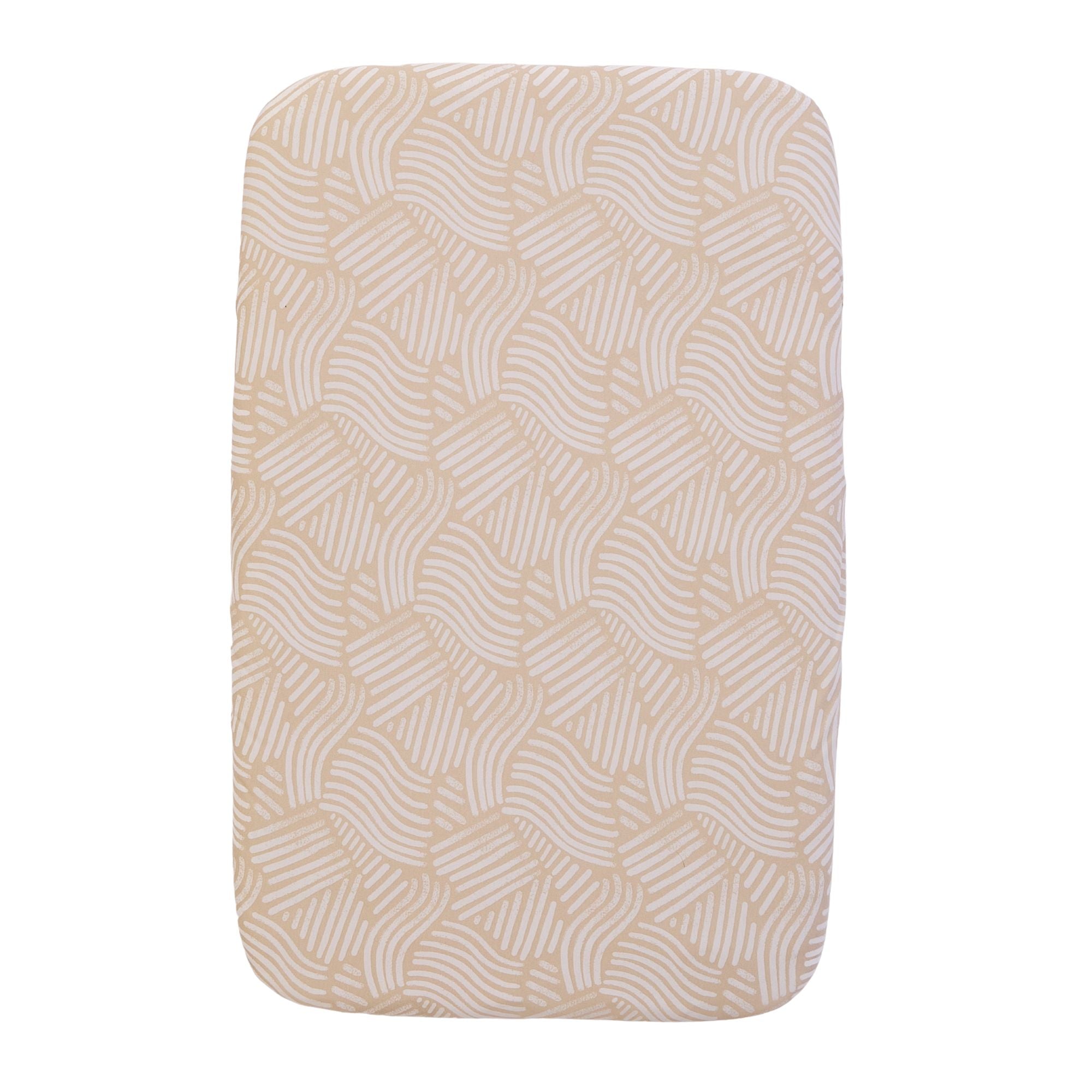 Fitted sheet with an abstract linear pattern in warm oat and cream hues, on a white background