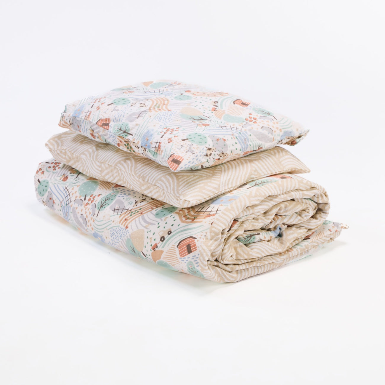 good life duvet cover and pillowcase set folded and stacked, featuring soft neutral tones and coordinating patterned duvet and pillowcase.