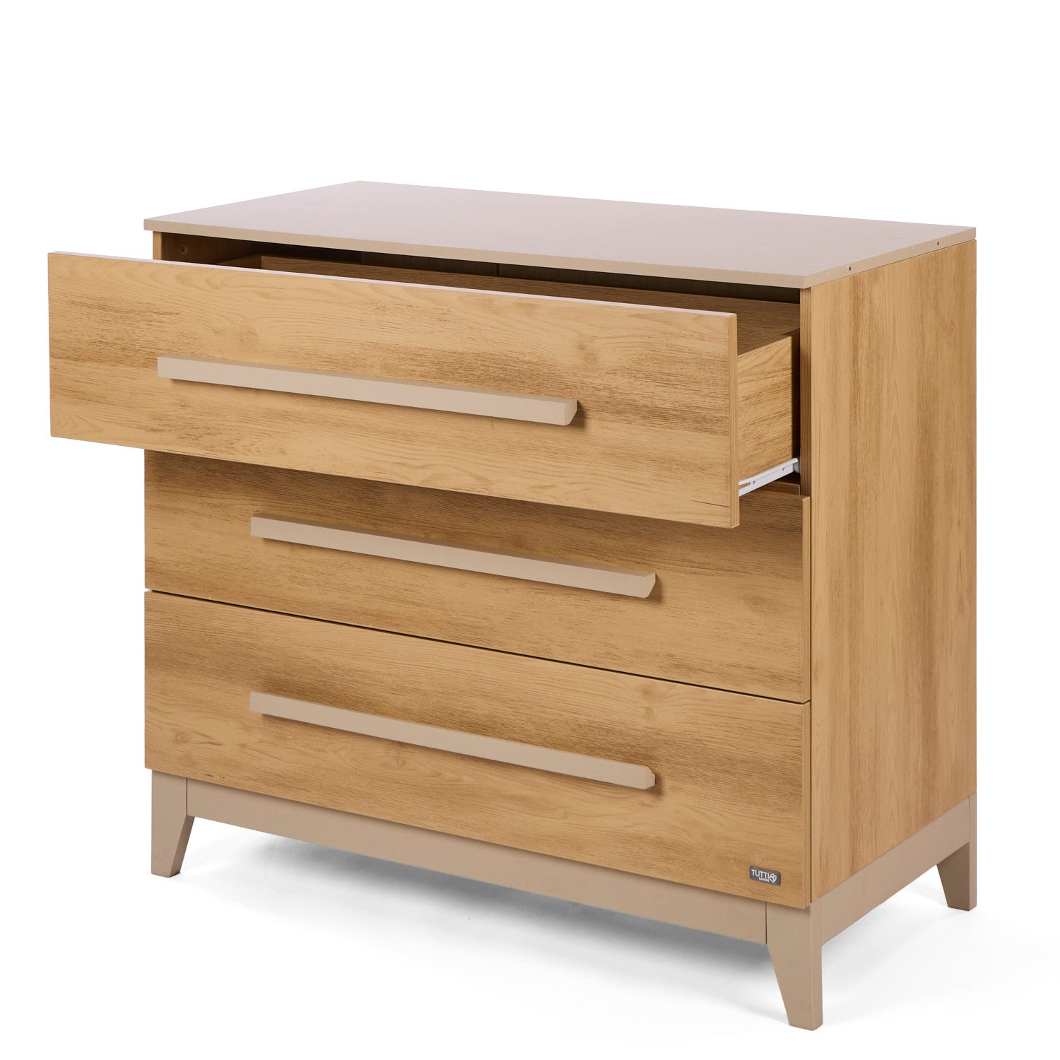 Hallee chest of drawers with open drawer in a white background.