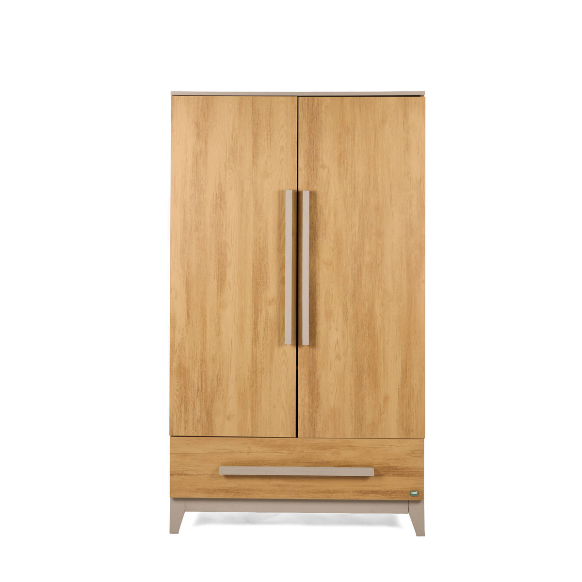 A modern two-door nursery wardrobe in light natural golden oak wood with a lower drawer, shown on a plain white background.