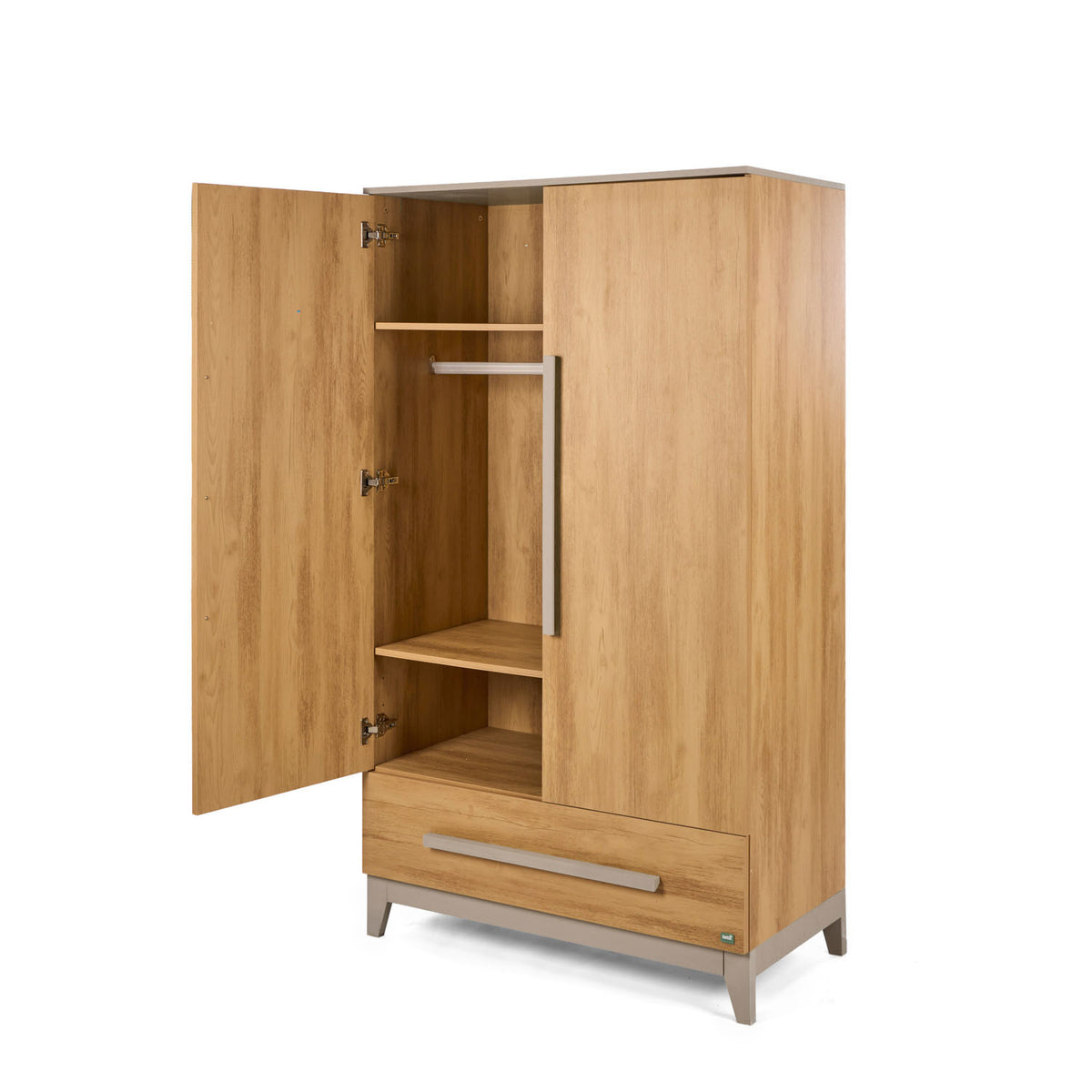 A modern two-door nursery wardrobe in light natural golden oak wood with a lower drawer, shown at an angle with one door open on a plain white background.