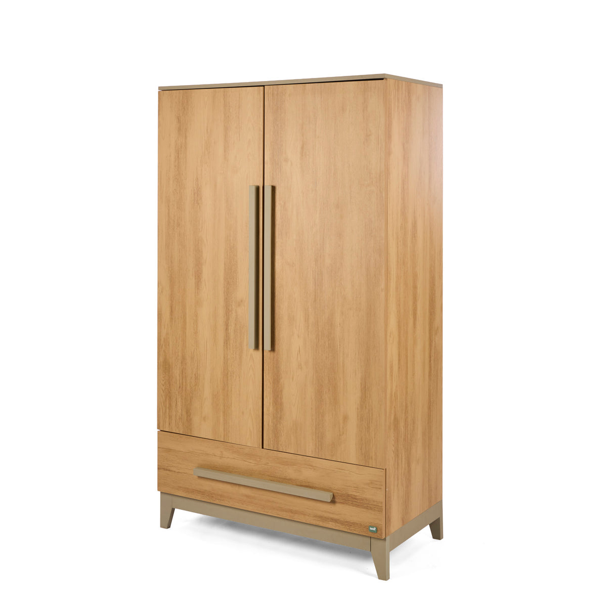 A tall two-door nursery wardrobe in a light natural golden oak finish with a lower drawer, shown on a plain white background.