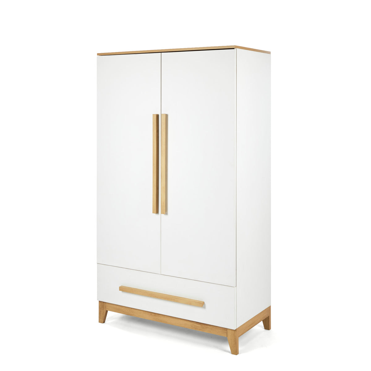 A modern two-door wardrobe with a white finish and light natural wood trim, handles, and legs, shown on a plain white background.