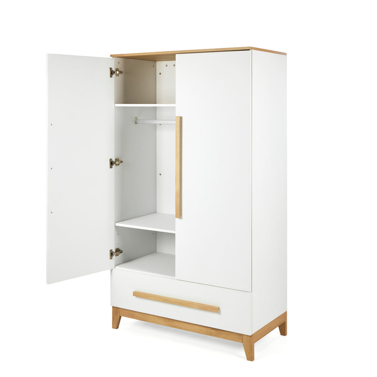 An open modern two-door wardrobe with off-white doors and light natural wood trim, vertical handles, and a matching wood base, shown on a plain white background.