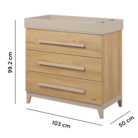 Hallee chest changer in mushroom and golden oak with dimensions shown: 103cm width, 50cm depth, 99.2cm height.