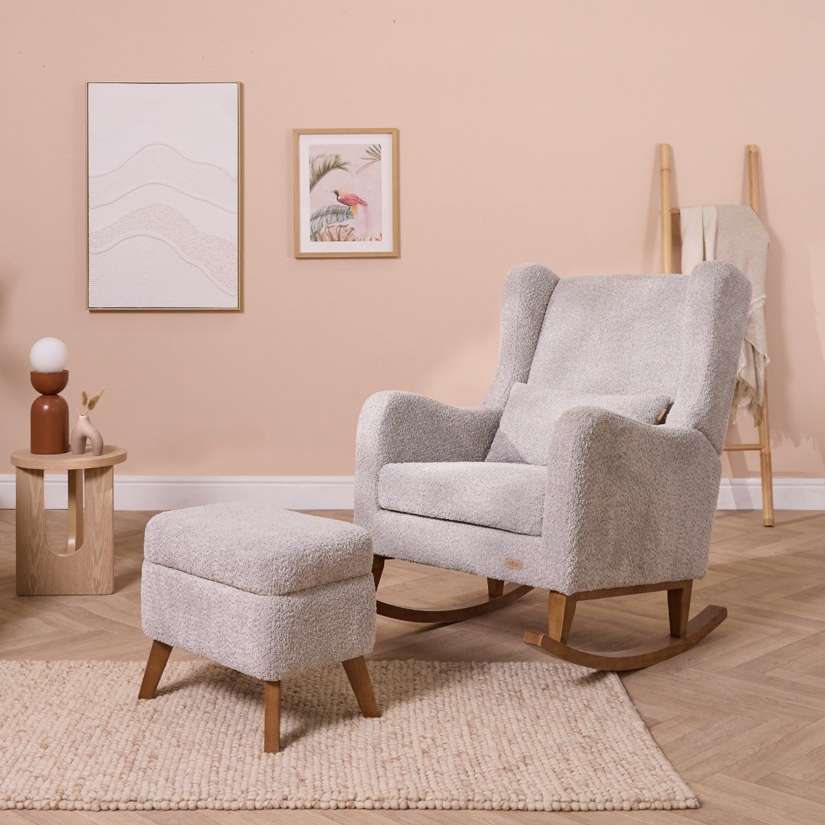 Harper wingback rocking chair and footstool in cloud grey styled in nursery, featuring curved wooden rockers, soft upholstery and a calm, cosy setting.