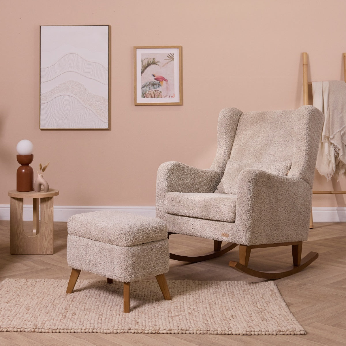 Harper wingback rocking chair and footstool in mushroom styled in nursery, featuring curved wooden rockers, soft upholstery and a calm, cosy setting.