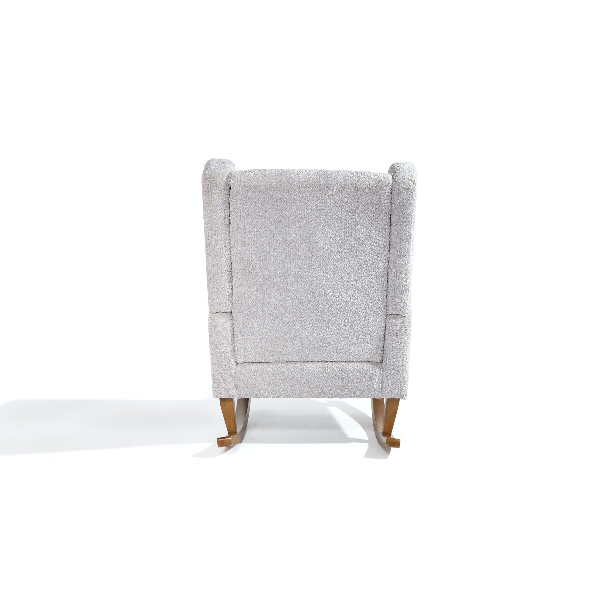 Rear view of the Harper Wingback rocking chair and footstool in cloud grey, showing the supportive high back and curved rocker design.