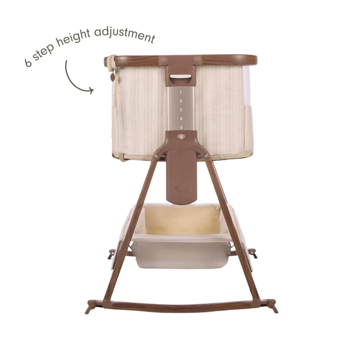 An infographic of a baby bedside crib on a rocking stand with a beige striped fabric body, brown frame, and a built-in height adjustment dial on the front. An arrow indicates the '6 step height adjustment'.