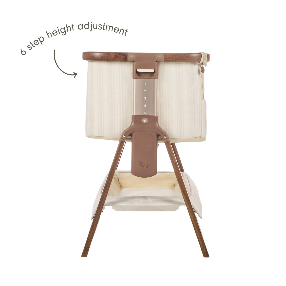 An infographic of a bedside crib with a cream striped fabric and brown wooden frame and legs, shown on a white background. The text points to a '6 step height adjustment' highlighting the height adjustment mechanism.