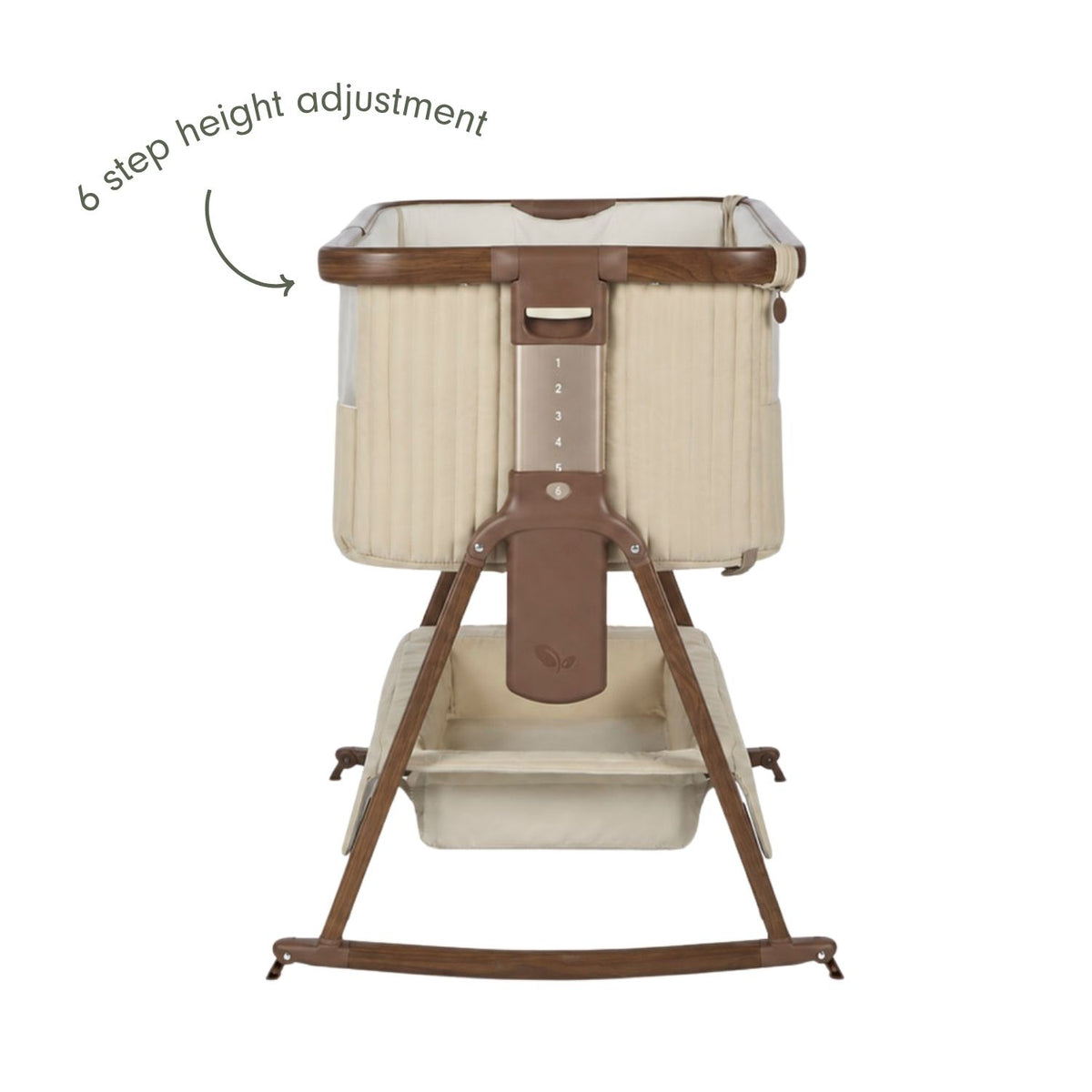An infographic of a bedside crib with a cream quilted fabric and brown wooden frame and legs, shown on a white background. The text points to a '6 step height adjustment' highlighting the height adjustment mechanism.