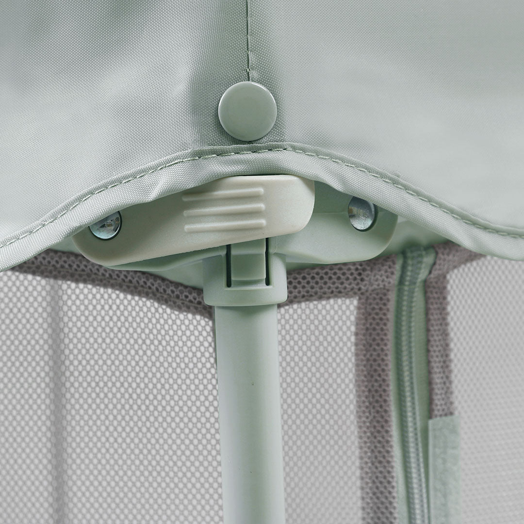 Close-up of the Hexa Playpen in Leaf Terrazzo, showing secure closing mechanism and reinforced stitching for safety and stability
