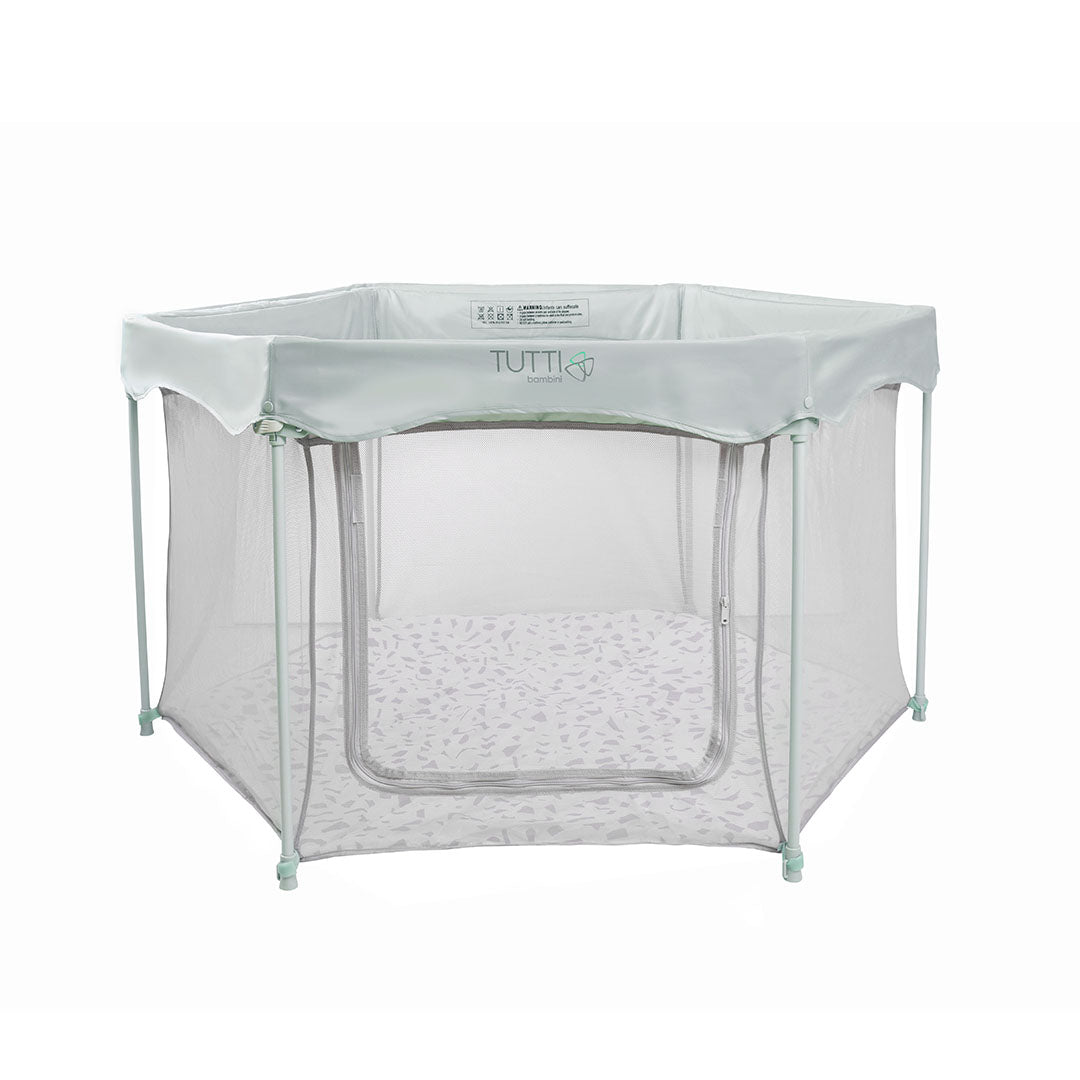 Cutout of the Hexa Playpen in Leaf Terrazzo, featuring mesh sides, zipped entry panel and cushioned play mat for safe play space