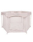 Front-facing cutout of the Hexa Playpen in Mushroom Terrazzo, featuring zippered mesh entrance and breathable mesh panel sides