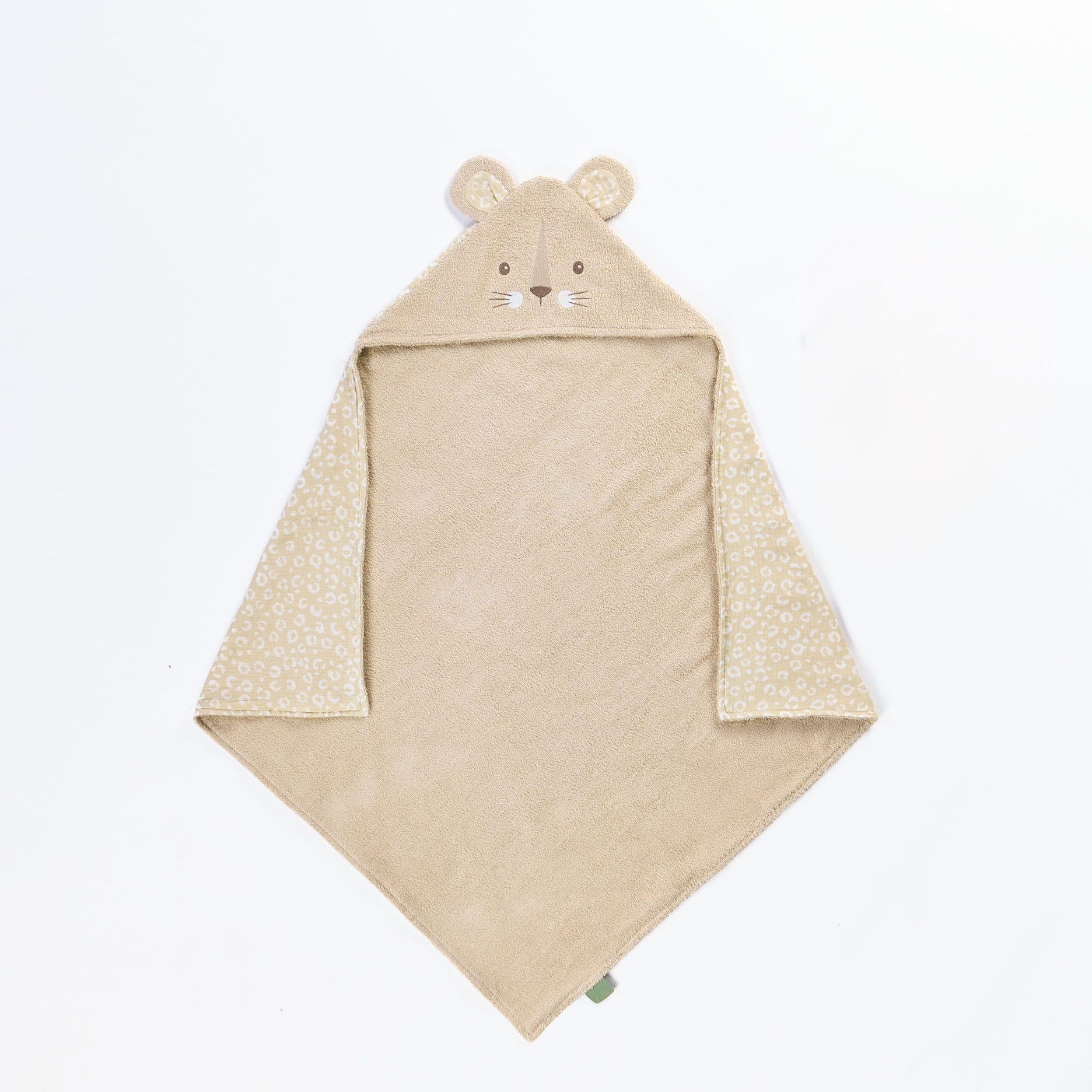 Flat lay of Larry Leopard hooded towel in beige terry fabric with matching leopard print inner and embroidered animal face.