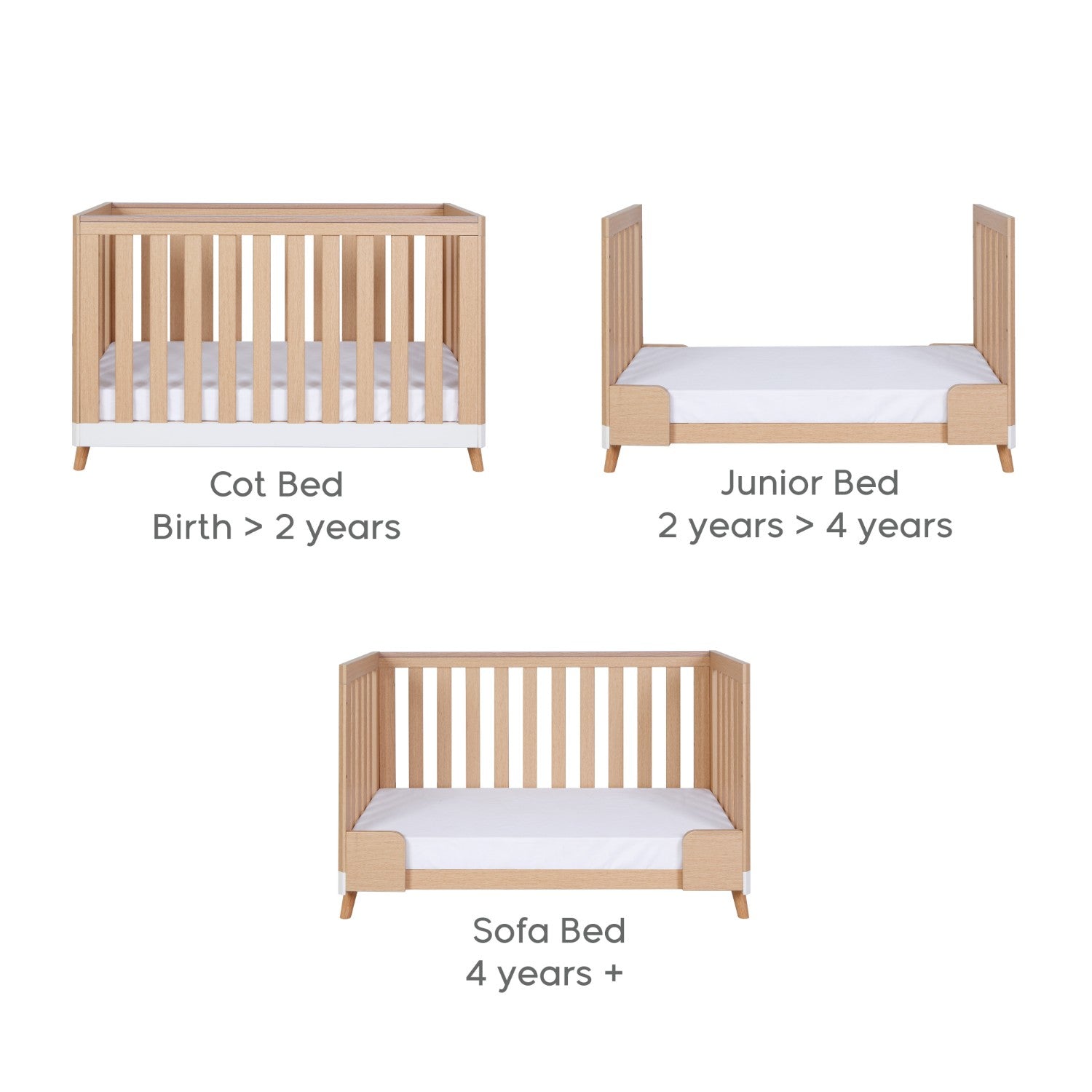 Three stages of a convertible mini cot in light oak with labels indicating use from birth to 4 years.