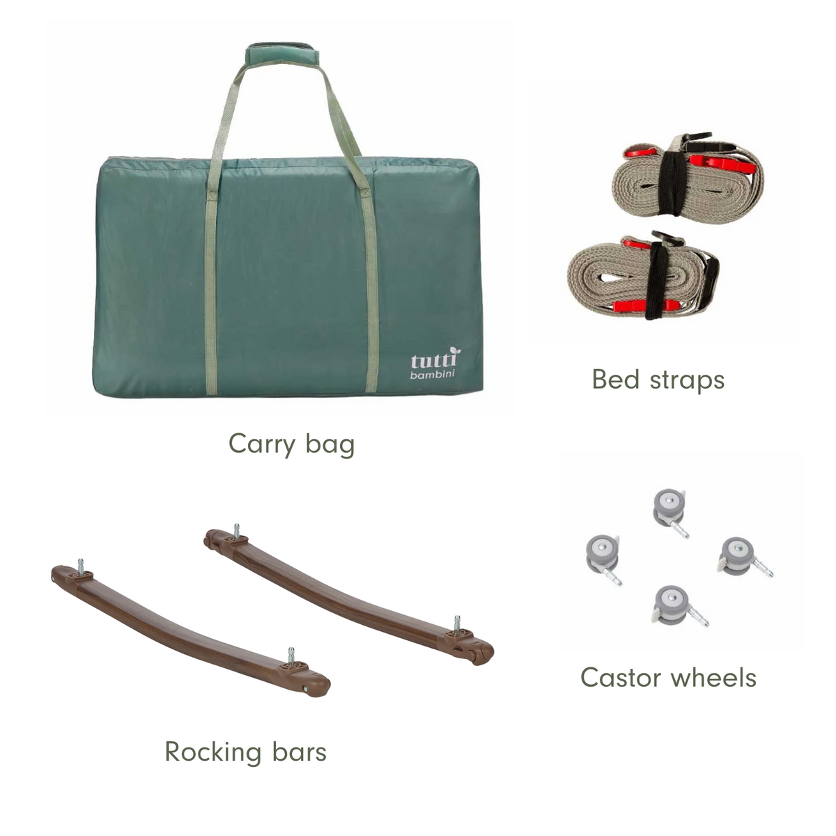 An infographic showing a sleep aid product set on a white background, labelled with component names: a teal carry bag, two brown rocking bars, two coiled bed straps, and four gray caster wheels.